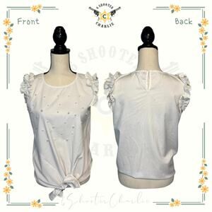 Vivid Importers of NY Tie Front Pearl Blouse Womens Sz Small White Ruffle Sleeve